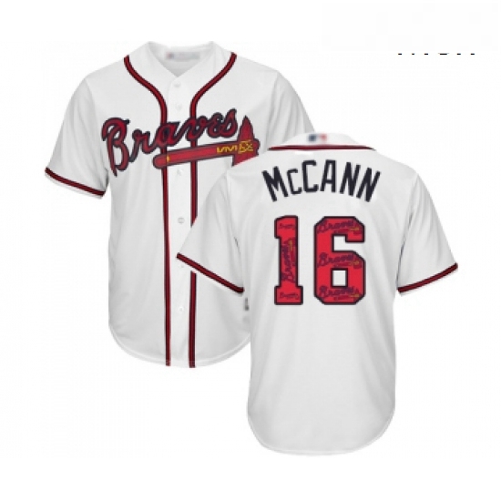 Mens Atlanta Braves 16 Brian McCann Authentic White Team Logo Fashion Cool Base Baseball Jersey