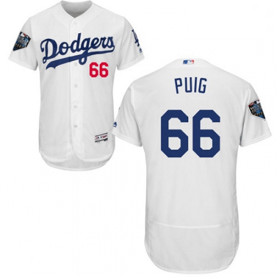 Mens Majestic Los Angeles Dodgers 66 Yasiel Puig White Home Flex Base Authentic Collection 2018 Worl