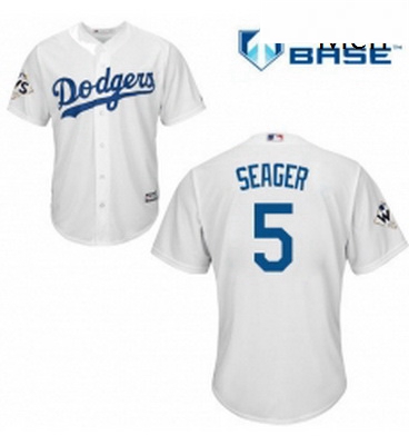 Mens Majestic Los Angeles Dodgers 5 Corey Seager Replica White Home 2017 World Series Bound Cool Bas