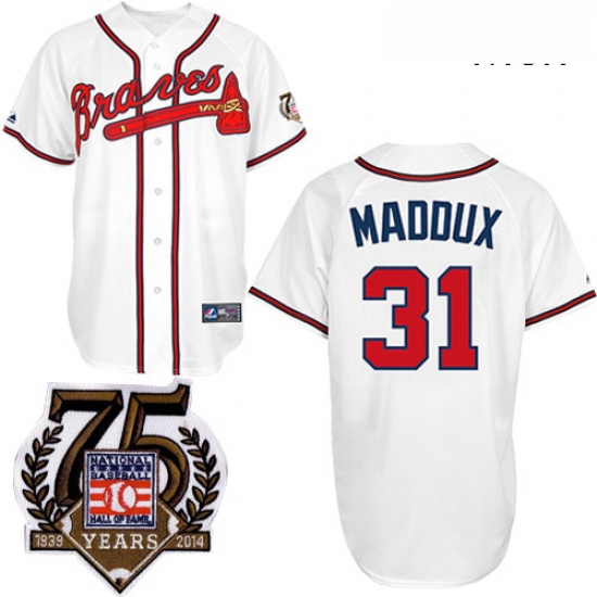 Mens Majestic Atlanta Braves 31 Greg Maddux Authentic White w75th Anniversary Commemorative Patch ML