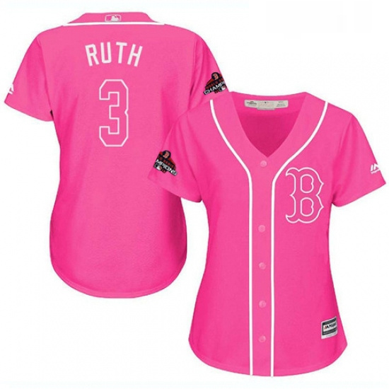 Womens Majestic Boston Red Sox 3 Babe Ruth Authentic Pink Fashion 2018 World Series Champions MLB Je