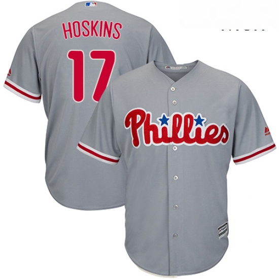 Mens Majestic Philadelphia Phillies 17 Rhys Hoskins Replica Grey Road Cool Base MLB Jersey