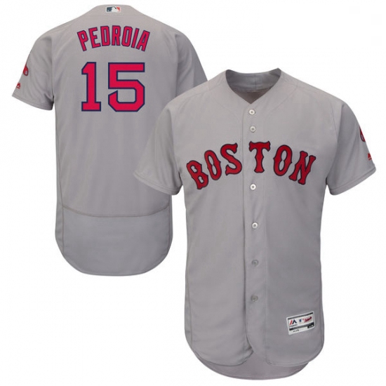 Mens Majestic Boston Red Sox 15 Dustin Pedroia Grey Road Flex Base Authentic Collection MLB Jersey