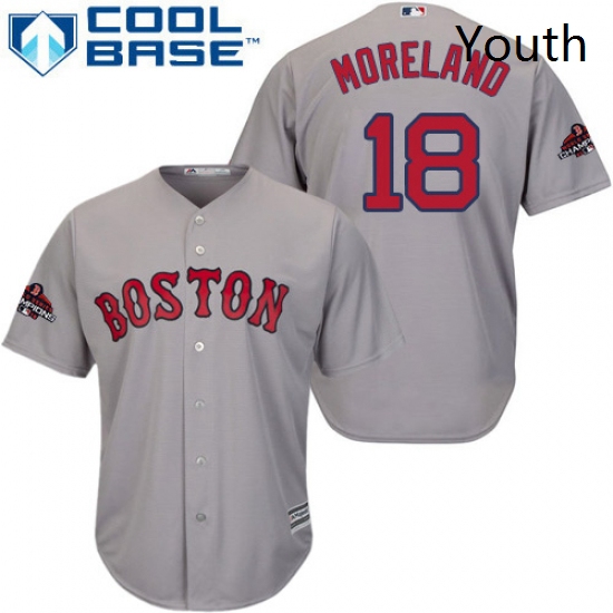 Youth Majestic Boston Red Sox 18 Mitch Moreland Authentic Grey Road Cool Base 2018 World Series Cham