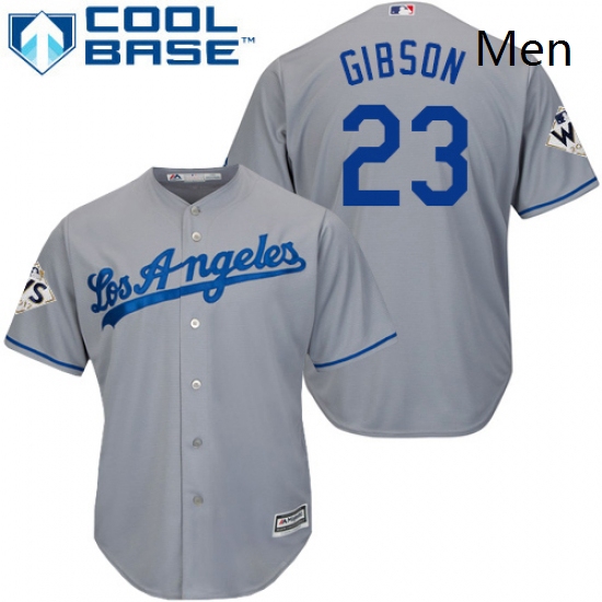 Mens Majestic Los Angeles Dodgers 23 Kirk Gibson Replica Grey Road 2017 World Series Bound Cool Base