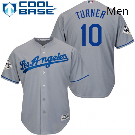 Mens Majestic Los Angeles Dodgers 10 Justin Turner Replica Grey Road 2017 World Series Bound Cool Ba