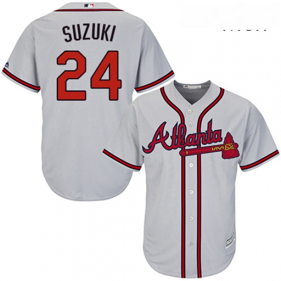 Mens Majestic Atlanta Braves 24 Kurt Suzuki Replica Grey Road Cool Base MLB Jersey