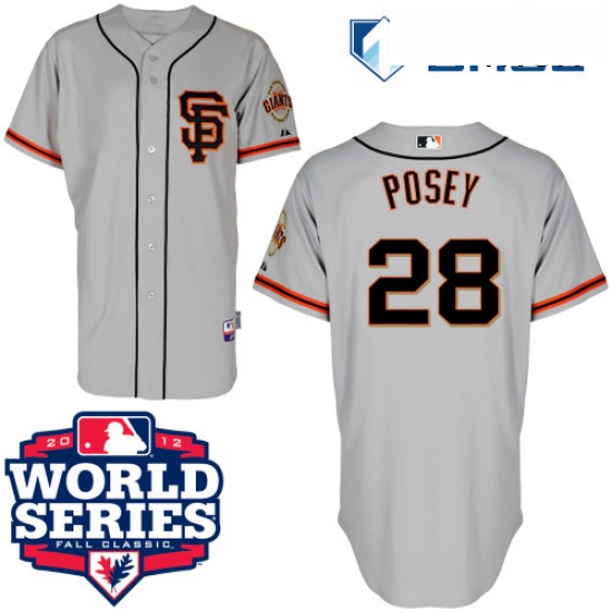 Mens Majestic San Francisco Giants 28 Buster Posey Replica Grey Road 2 Cool Base 2012 World Series P