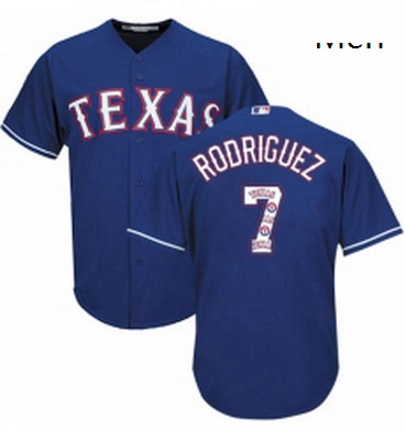 Mens Majestic Texas Rangers 7 Ivan Rodriguez Authentic Royal Blue Team Logo Fashion Cool Base MLB Je