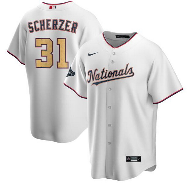 Nationals 31 Max Scherzer White Gold Nike 2020 Gold Program Cool Base Jersey