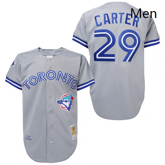 Mens Mitchell and Ness Toronto Blue Jays 29 Joe Carter Replica Grey Throwback MLB Jersey