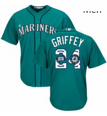 Mens Majestic Seattle Mariners 24 Ken Griffey Authentic Teal Green Team Logo Fashion Cool Base MLB J