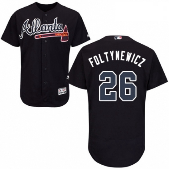 Mens Majestic Atlanta Braves 26 Mike Foltynewicz Navy Blue Alternate Flex Base Authentic Collection 