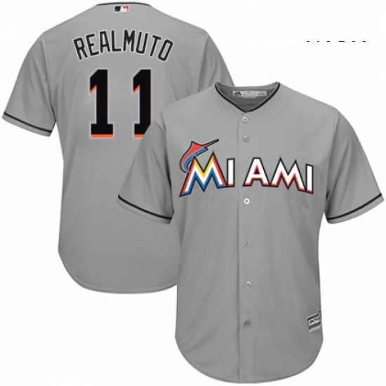 Mens Majestic Miami Marlins 11 J T Realmuto Replica Grey Road Cool Base MLB Jersey