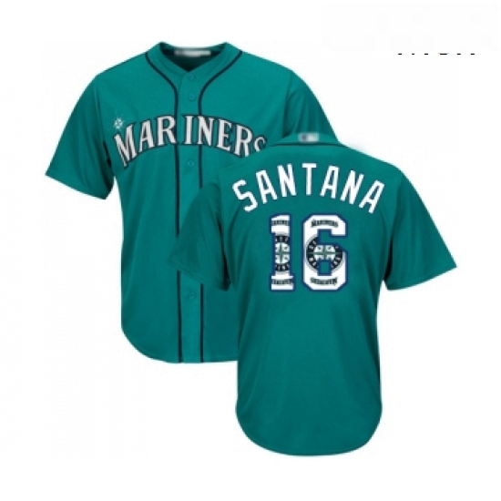 Mens Seattle Mariners 16 Domingo Santana Authentic Teal Green Team Logo Fashion Cool Base Baseball J