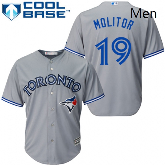 Mens Majestic Toronto Blue Jays 19 Paul Molitor Replica Grey Roa