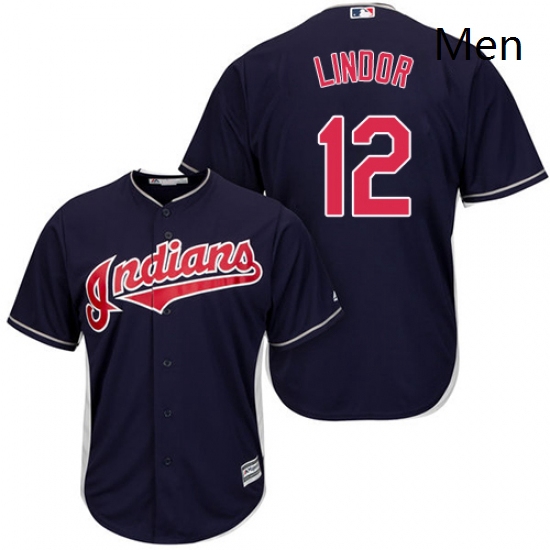 Mens Majestic Cleveland Indians 12 Francisco Lindor Replica Navy Blue Alternate 1 Cool Base MLB Jers