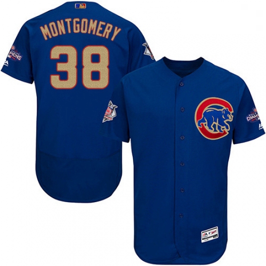 Mens Majestic Chicago Cubs 38 Mike Montgomery Royal Blue 2017 Gold Champion Flexbase Authentic Colle