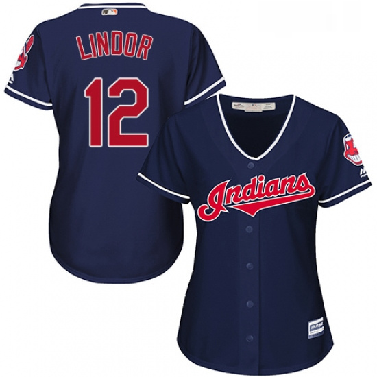 Womens Majestic Cleveland Indians 12 Francisco Lindor Replica Navy Blue Alternate 1 Cool Base MLB Je