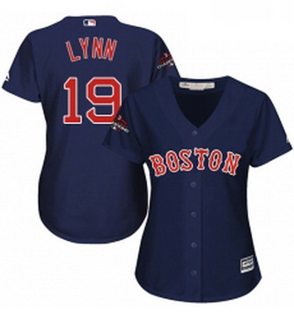 Womens Majestic Boston Red Sox 19 Fred Lynn Authentic Navy Blue Alternate Road 2018 World Series Cha