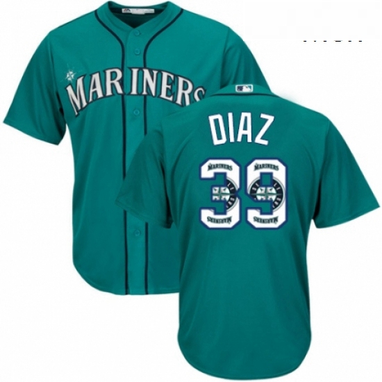 Mens Majestic Seattle Mariners 39 Edwin Diaz Authentic Teal Green Team Logo Fashion Cool Base MLB Je