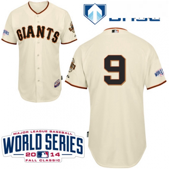 Mens Majestic San Francisco Giants 9 Brandon Belt Authentic Cream Home Cool Base w2014 World Series 