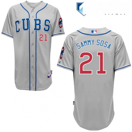 Mens Majestic Chicago Cubs 21 Sammy Sosa Replica Grey Alternate Road Cool Base MLB Jersey