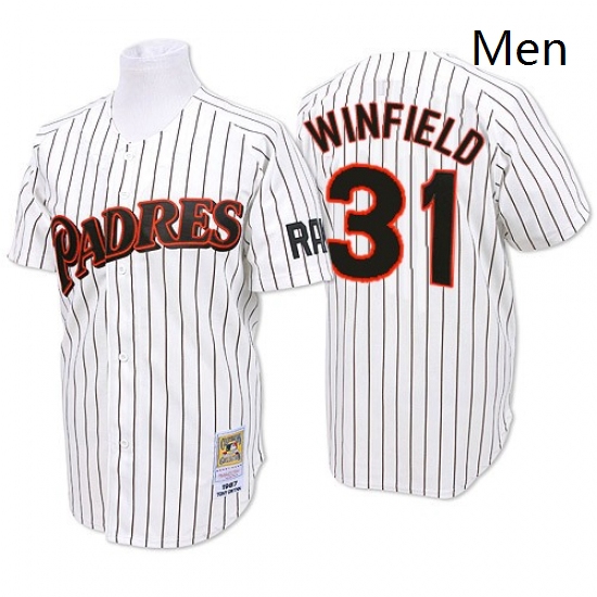 Mens Mitchell and Ness San Diego Padres 31 Dave Winfield Replica WhiteBlue Strip Throwback MLB Jerse