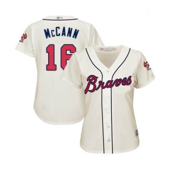 Womens Atlanta Braves 16 Brian McCann Replica Cream Alternate 2 