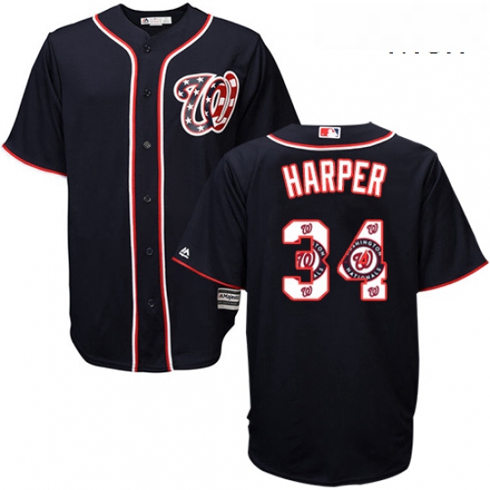 Mens Majestic Washington Nationals 34 Bryce Harper Authentic Navy Blue Team Logo Fashion Cool Base M