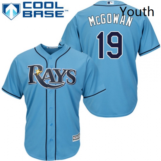 Youth Majestic Tampa Bay Rays 19 Dustin McGowan Authentic Light Blue Alternate 2 Cool Base MLB Jerse