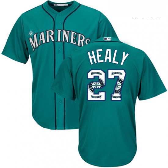 Mens Majestic Seattle Mariners 27 Ryon Healy Authentic Teal Green Team Logo Fashion Cool Base MLB Je