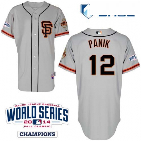 Mens Majestic San Francisco Giants 12 Joe Panik Authentic Grey Road 2 Cool Base w2014 World Series P