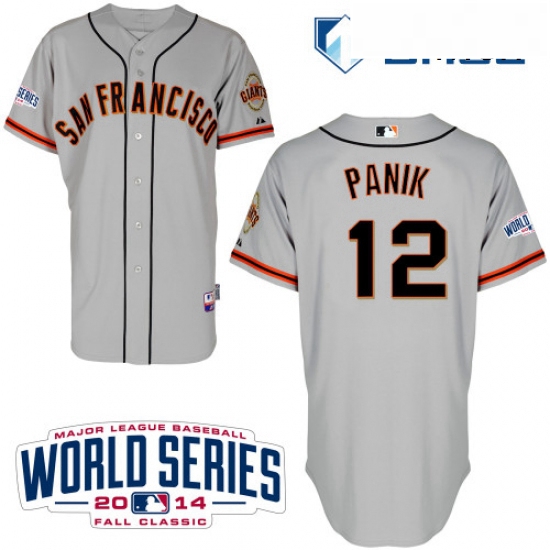 Mens Majestic San Francisco Giants 12 Joe Panik Authentic Grey Road Cool Base w2014 World Series Pat