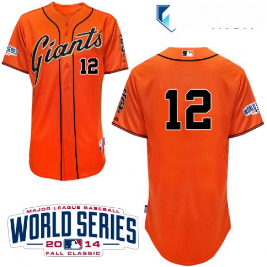 Mens Majestic San Francisco Giants 12 Joe Panik Authentic Orange Alternate Cool Base w2014 World Ser