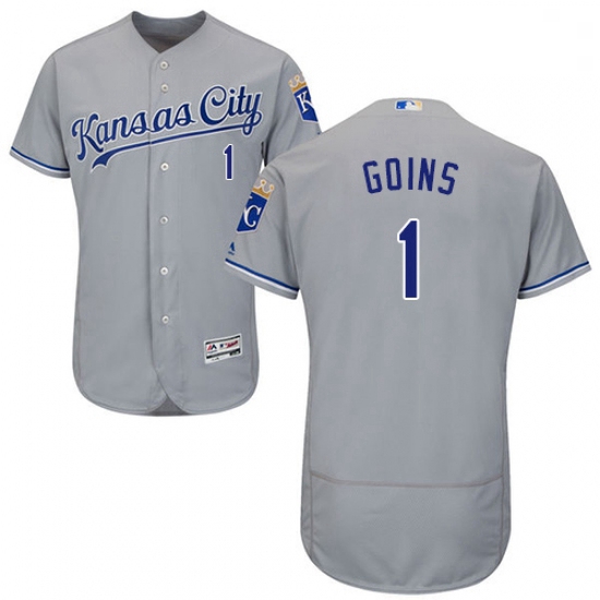 Mens Majestic Kansas City Royals 1 Ryan Goins Grey Road Flex Base Authentic Collection MLB Jersey