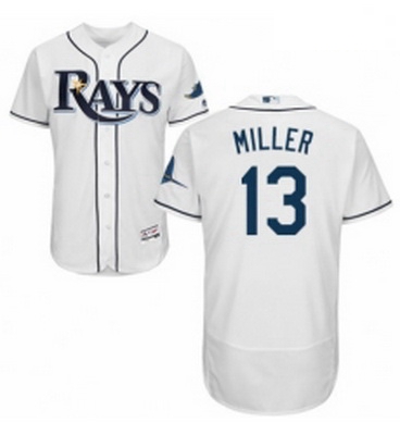 Mens Majestic Tampa Bay Rays 13 Brad Miller Home White Home Flex Base Authentic Collection MLB Jerse