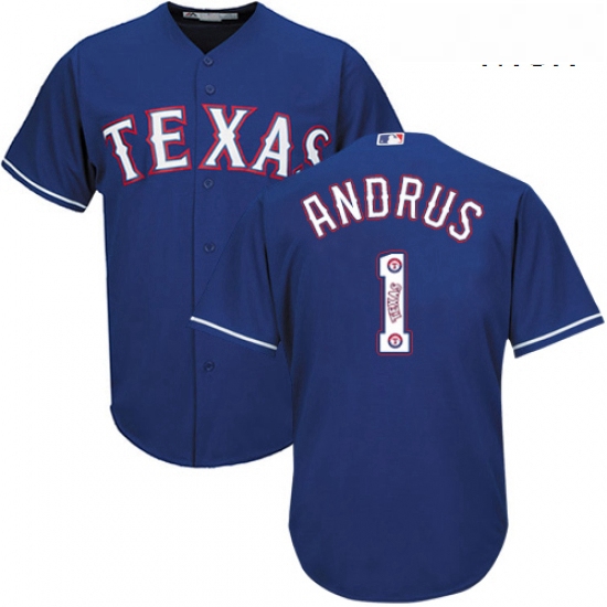 Mens Majestic Texas Rangers 1 Elvis Andrus Authentic Royal Blue Team Logo Fashion Cool Base MLB Jers