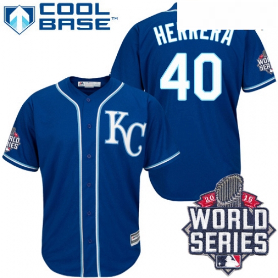 Mens Majestic Kansas City Royals 40 Kelvin Herrera Replica Blue Alternate 2 Cool Base 2015 World Ser