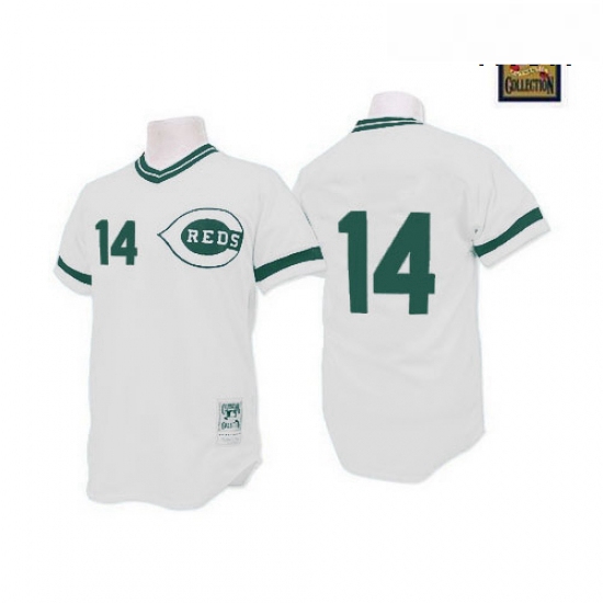 Mens Mitchell and Ness Cincinnati Reds 14 Pete Rose Replica WhiteGreen Patch Throwback MLB Jersey