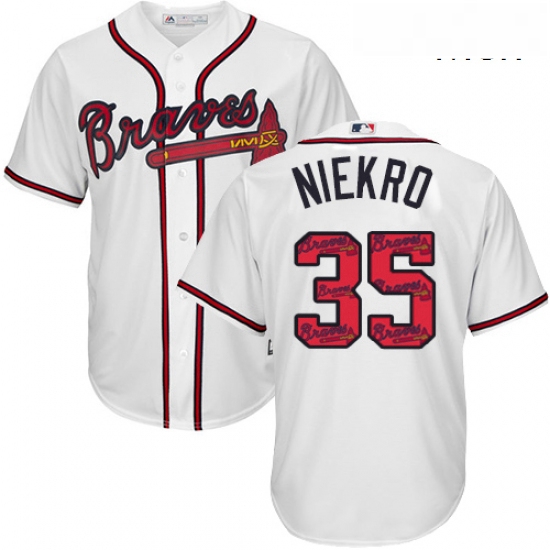 Mens Majestic Atlanta Braves 35 Phil Niekro Authentic White Team Logo Fashion Cool Base MLB Jersey