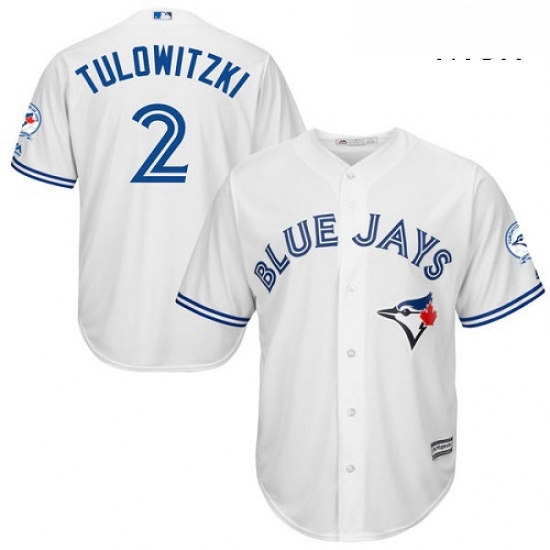 Mens Majestic Toronto Blue Jays 2 Troy Tulowitzki Replica White Home 40th Anniversary Patch MLB Jers