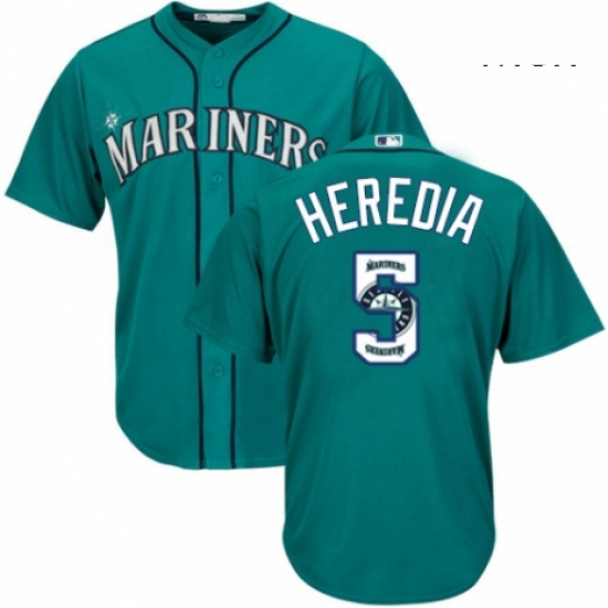 Mens Majestic Seattle Mariners 5 Guillermo Heredia Authentic Teal Green Team Logo Fashion Cool Base 