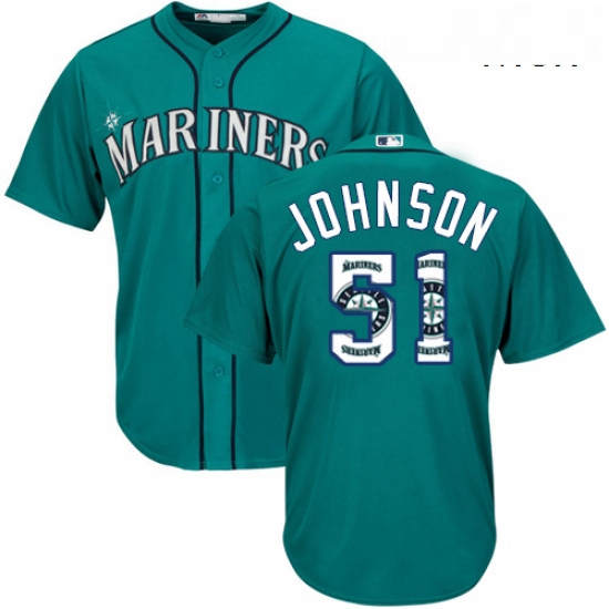 Mens Majestic Seattle Mariners 51 Randy Johnson Authentic Teal Green Team Logo Fashion Cool Base MLB