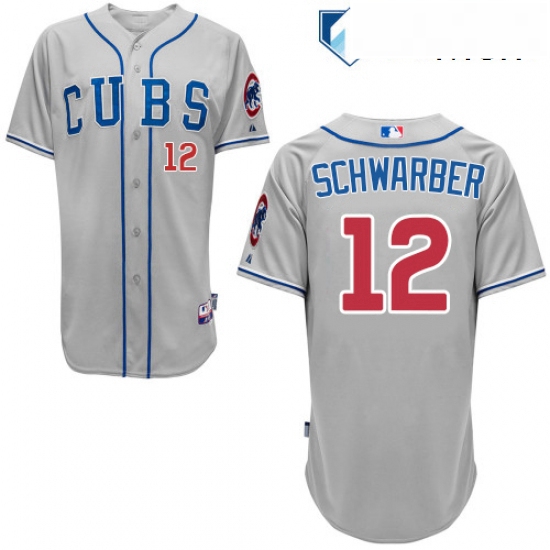 Mens Majestic Chicago Cubs 12 Kyle Schwarber Replica Grey Alternate Road Cool Base MLB Jersey