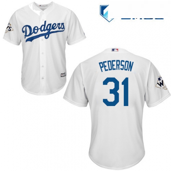 Mens Majestic Los Angeles Dodgers 31 Joc Pederson Replica White Home 2017 World Series Bound Cool Ba