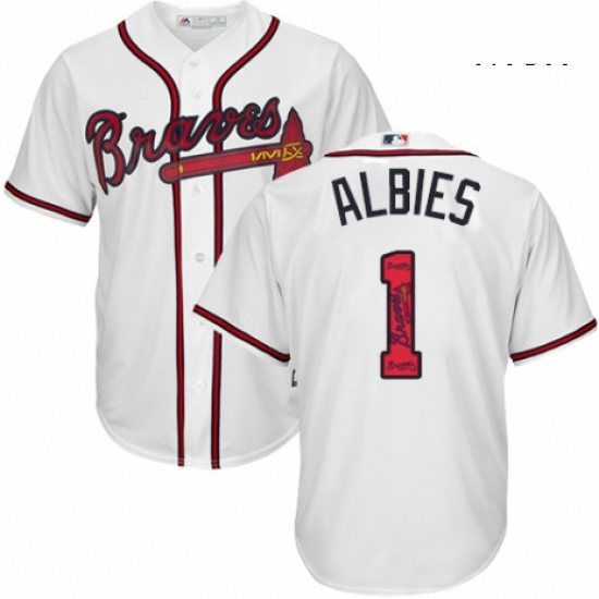 Mens Majestic Atlanta Braves 1 Ozzie Albies Authentic White Team Logo Fashion Cool Base MLB Jersey