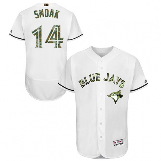 Mens Majestic Toronto Blue Jays 14 Justin Smoak Authentic White 2016 Memorial Day Fashion Flex Base 