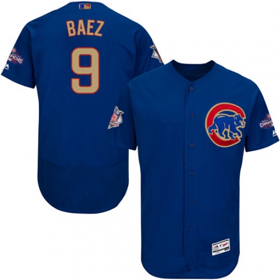 Mens Majestic Chicago Cubs 9 Javier Baez Authentic Royal Blue 2017 Gold Champion Flex Base MLB Jerse