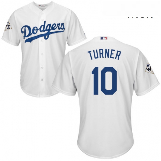 Mens Majestic Los Angeles Dodgers 10 Justin Turner Replica White Home 2017 World Series Bound Cool B